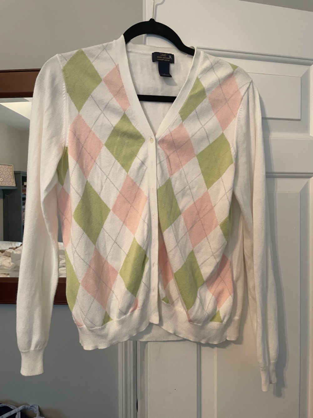Brooks Brothers White Cardigan with Pink & Green Argyle